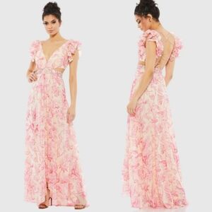 NWT Mac Duggal | Pink Floral Ruffle Shoulder Lace Up Gown